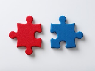 Blank red and blue puzzle pieces on white background, flat lay