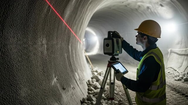 Surveying professional male operates laser scanner in a tunnel, worker conducting 3D point cloud data capture for construction mapping
