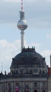Camera Pans From Bode Museum to Berlin TV Tower Skyline