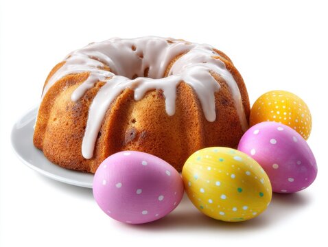 Delicious bundt cake and Easter eggs isolated on white background
