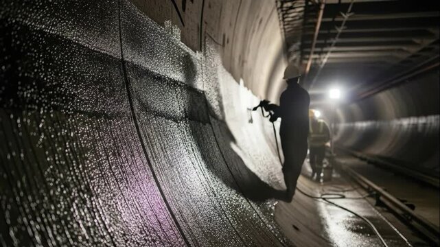 Worker is spraying concrete in tunnel construction, applying protective coating on a subway or pipeline infrastructure.