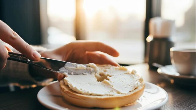 Woman spreading cream cheese on bagel for breakfast at cafe. Cozy morning meal preparation.