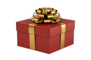 Red gift box with golden ribbon isolated on transparent background for christmas