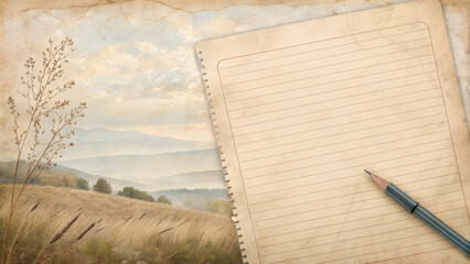 Aged lined paper with pencil over misty mountain landscape and dry grass full hd 4k stock image download
