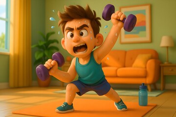Energetic Cartoon Boy Exercising with Dumbbells at Home &ndash; 3D Fitness Illustration