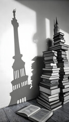 Stacked books casting shadow of monument on plain wall with open book on floor full hd 4k stock image download