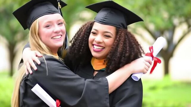 Two happy female friends embracing in graduation gowns and caps outdoors, celebrating academic achievement with a diploma scroll
