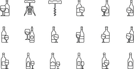 Wine Bottle, Glass, and Corkscrew Icon Set: Sommelier Tools, Alcohol Beverage, Bar, Restaurant, and Drink Celebration Line Art Vector