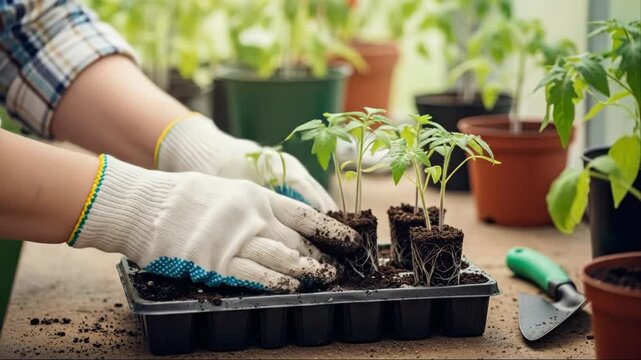 Woman planting young tomato seedlings into a multi cell tray. Agriculture and gardening task for plant growth.