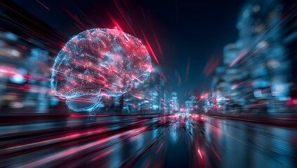 Abstract representation of a futuristic city skyline at night with vibrant neon lights and glowing digital spheres creating a sense of advanced technology and urban energy