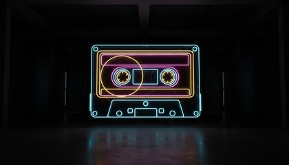 Neon cassette symbol glowing in vibrant synthwave colors, reflected on a wet floor to evoke 80s90s retro disco vibes in a dark, empty nightclub space