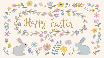 Fototapeta premium A whimsical and charming illustration featuring a floral wreath with the words happy easter surrounded by cute bunnies and colorful spring flowers on a soft beige background
