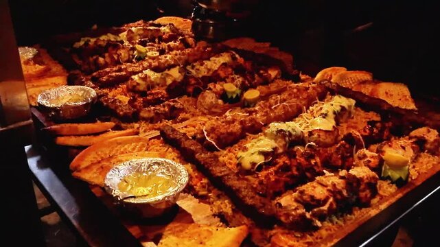 Garnishing BBQ platter with fried rice and chicken tikka + seekh kabab