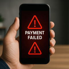 Frustrated hand holding smartphone with payment failed error message on screen. Red warning alert shows transaction problem
