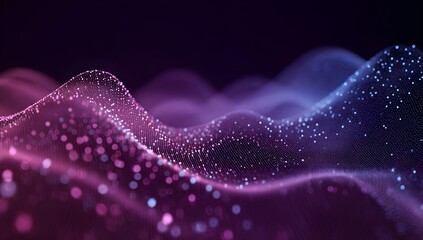 Abstract flowing waves of shimmering luminous particles in vibrant purple and pink hues creating a futuristic digital data stream visualization with a dark background