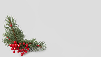 Minimal Christmas background with green pine branches and red berries on a clean white surface. Perfect for holiday marketing content, banners, greeting cards, social media posts, invitation