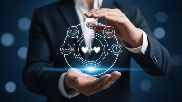 Protecting vital assets with innovative healthcare solutions, a business professional safeguards well-being with technology and community support initiatives