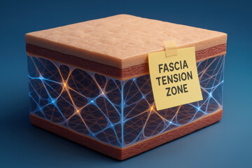 Conceptual anatomy of D fascia network mapping under skin layers. glowing web shows tensile lines, and sticky note points to painful fascia tension zone