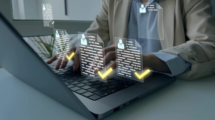 Employee approval process management.Digital documents with check marks verified staff records and online HR management.