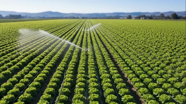 Field of lettuce rows with active sprinkler irrigation system in an agricultural landscape. Farming for fresh greens and water conservation.