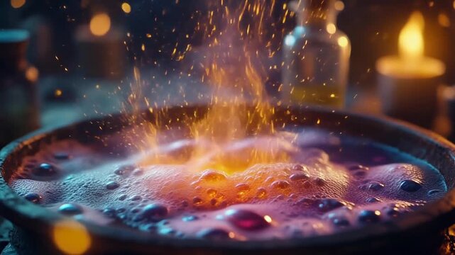 Brew bubbling within alchemists cauldron