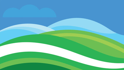 Obraz premium Summer nature landscape illustration: green meadow field with hills, sun, clouds, and blue sky