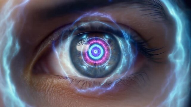 Electrifying eye stares intensely rings glowing