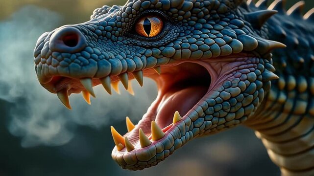 Fierce dragon head with scales and teeth