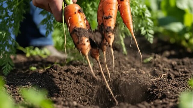 Man harvesting fresh carrot from rich soil in garden, concept of organic farming and healthy vegetable production