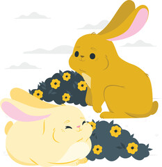 Two cute bunnies sitting near yellow flowers and grey clouds rabbits animals