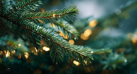 Evergreen branch bokeh, soft light, water drop, holiday glow, serene mood