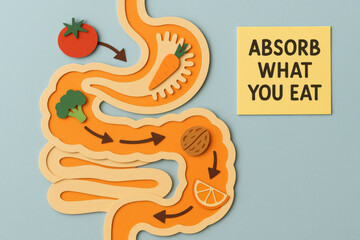 Obraz premium Informative paper cut diagram of gut showing digestion pathway and nutrient absorption. Healthy food concept demonstrating route food takes for healthy body