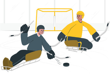 Obraz premium Two Sledge Hockey Players Competing on Ice Rink with Goal ice hockey paralympic sport