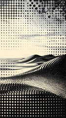 Field undulations. Dotted monochrome effect over rows. Horizon blends with the sky, creating surreal, layered scene