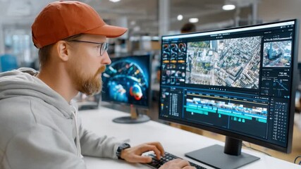 Digital Storyteller at Work: A professional editor meticulously crafts a compelling visual narrative, immersed in the digital realm of post-production.