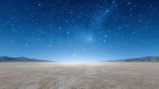 A vast cracked desert plain stretches towards distant mountains under a deep blue star filled night sky
