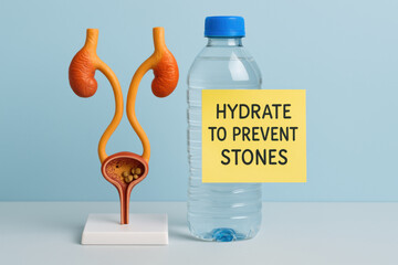 Urology health concept with ureter model and bottled water. serious reminder on sticky note says hydrate to prevent stones for kidney health and medical awareness