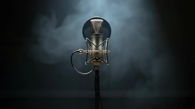 Dynamic recording studio microphone on stand with moving smoke, a live concert or podcast broadcast concept