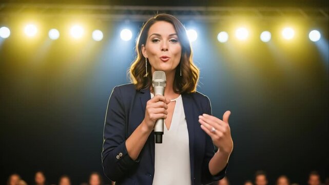 Young caucasian woman giving a speech with microphone on stage in front of audience. Female speaker presenting during a conference event.