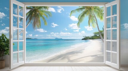 A picturesque window framing a tranquil beach with swaying palms.