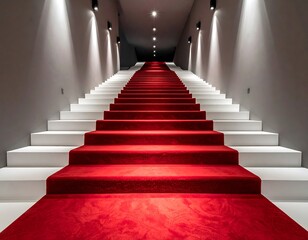 Elegant staircase with red carpet leading up illuminated hallway entrance