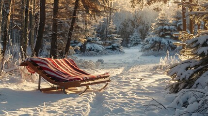 A classic wooden sled rests on pristine snow at a frosty forest edge with a striped wool blanket, bathed in soft morning light filtering through pines for a serene winter feel