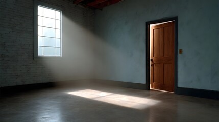 Sunlight beams through a window into a stark empty room casting shadows on the floor with an open wooden door revealing a glimpse beyond