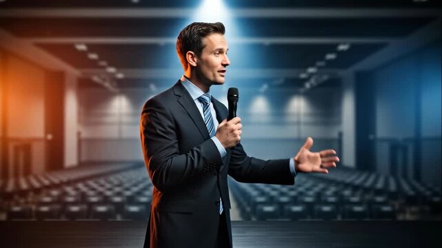 Man speaker presenting on stage with microphone. Conference, seminar, and public speaking concept with animated gestures.