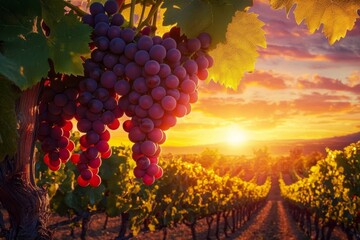 Golden sunlight illuminating grapes in a serene vineyard setting.