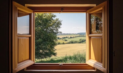 A picturesque open window offering a serene view of a vast field and lush trees. 