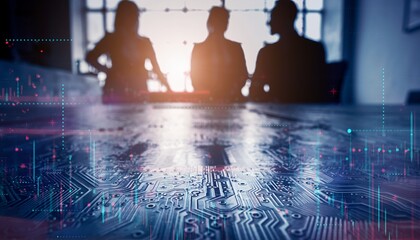 Silhouetted Business Team Meeting in Modern Office with Digital Data Overlay