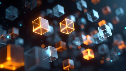 Abstract digital network of glowing geometric shapes and cubes floating in a dark futuristic and technological cyberspace environment with depth of field effect
