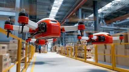 Warehouse Drone Delivery: A drone navigate through a bustling warehouse environment, carrying goods as part of an advanced logistics system. Delivering efficiency. - Powered by Adobe