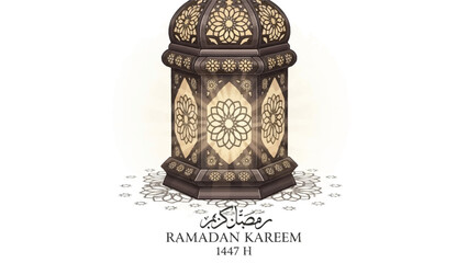 A detailed, ornate Ramadan lantern illustration with Arabic calligraphy "Ramadan Kareem" and "1447 H" on a white background, symbolizing the holy month. © AlyaNaja